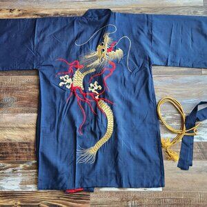 Japanese Dragon Embroidered Silk Kimono Robe Belt Blue Men's Made in Japan